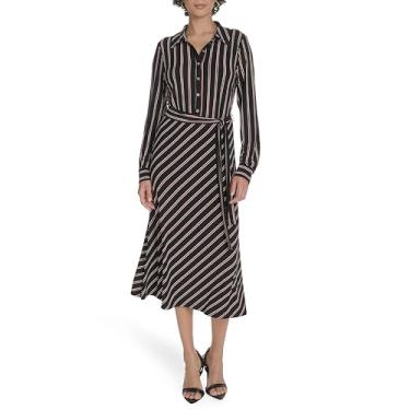 Imagem de Tommy Hilfiger Vestido de camisa feminino de manga comprida com colarinho e listras, Preto/Cabernet, 40