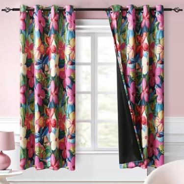 Imagem de Cortinas blecaute floral tropical, cortina havaiana colorida de privacidade 153 cm de comprimento rosa choque pesado flor hibisco cortinas de janela para quarto de meninas com laços 52Lx63C 2 painéis