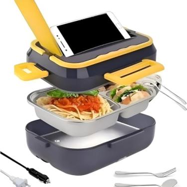 Imagem de Marmita Elétrica Portátil Térmica – Lancheira com 3 compartimentos Aço Inox Divisórias para alimentos 1,5L Ideal para Carro Caminhão Casa Uber Trabalho Dieta