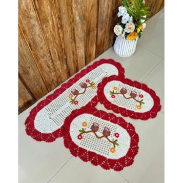 Imagem de Kit Tapete e Passadeira Cozinha Oval 3 Peças Corujinha (Vermelho)