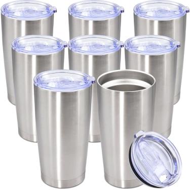 Imagem de Copo de 590 ml de aço inoxidável a granel com tampa, caneca de viagem de parede dupla isolada a vácuo, durável, revestida em pó, caneca para bebidas quentes e frias, aço inoxidável, pacote com 8