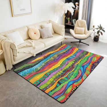Imagem de Boho Tapete abstrato para sala de estar, listrado, raibow, 4'28 cm x 3'7.6 cm, para crianças, homens, mulheres, geometria estética, óleo, paiting, laranja, amarelo, tapete decorativo que não cai