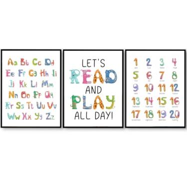 Imagem de Arte de parede para sala de jogos infantil, ABC 123 pôsteres impressos, arte de parede para sala de aula, berçário, quarto infantil, 28 x 35 cm, sem moldura, conjunto de 3