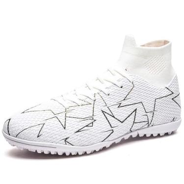 Imagem de changshen Tênis de futebol masculino com chuteiras de grama, branco-azul/branco-preto/preto, cano alto, tênis esportivo de treinamento, Branco/preto, 35