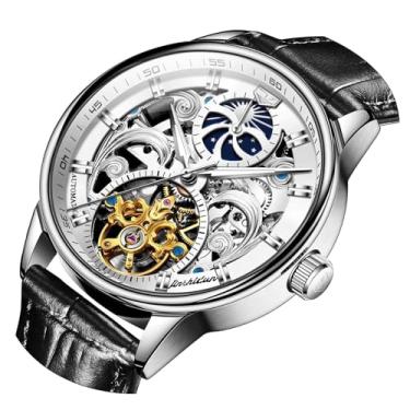 Imagem de OLEVS Relógio esqueleto masculino de luxo, couro preto, prata, dourado, turbilhão, fase, da lua, automático, mecânico, automático, corda automática, à prova d'água, luminoso, Relógio preto, relógio