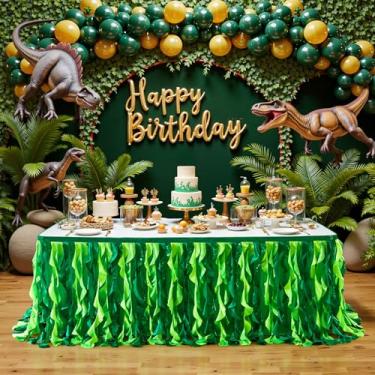 Imagem de Saia de mesa verde gradiente de 2,5 m para mesas retangulares ou redondas, saias de mesa havaianas com babados para festas tropicais havaianas, dia de São Patrício, Luau, tema animal, casamento