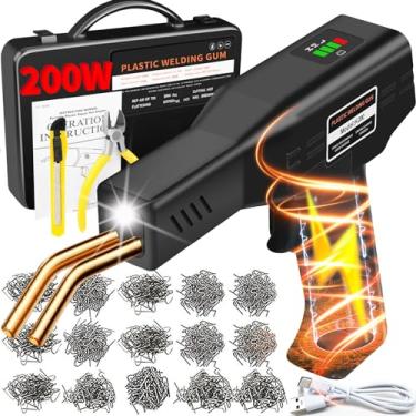 Imagem de Pmbqifay Soldador de plástico preto sem fio 200W, kit com 1050 peças, 6 tipos de grampos quentes, bateria recarregável de 5000 mAh, kit de reparo de plástico para para-choques, painel, tanque de água