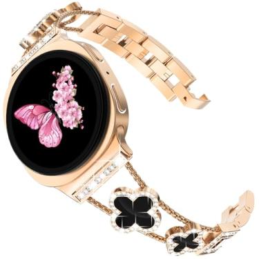 Imagem de Pulseira feminina de trevo de quatro folhas para Galaxy Watch 8/Watch 8 Classic de 40 mm/44 mm, diamante brilhante brilhante, pulseira luxuosa para Sansung Galaxy Watch 8/8 Classic, ouro rosa/preto
