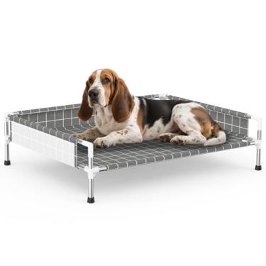 Imagem de Cama elevada para cães com cerca de 3 lados - Cama elevada para animais de estimação com pés antiderrapantes, sofá elevado durável para cães médios, uso interno/externo com tecido de fácil limpeza