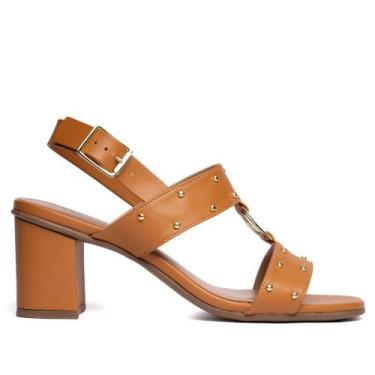 Imagem de Sandália Feminina Salto Bloco Aplicações Douradas Caramelo - VIA SCARP