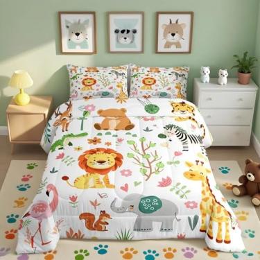 Imagem de Feelyou Conjunto de edredom Queen Size com estampa de leões, girafa, animais zoológicos, flamingo, zebra, para crianças, meninos, meninas, animais kawaii, 3 peças