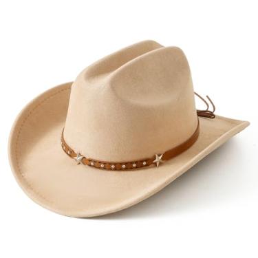 Imagem de Jastore Chapéu de cowboy infantil para meninas e meninos, chapéu de cowgirl ocidental com cinto de fivela chapéu Fedora de aba larga fantasia (EUA, idade, 5 anos, 10 anos, bege)