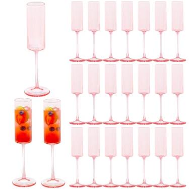 Imagem de JLYLOL 24 peças de taças de champanhe de plástico rosa de 170 g taças de champanhe com nervuras grandes para brindar taças de plástico de vidro para festas vintage Mimosa Copos de bar elegantes para