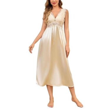 Imagem de Camisa de dormir feminina ALCEA ROSEA, seda, cetim, renda, champanhe