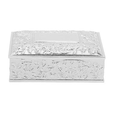 Imagem de QANYEGN Caixa de jóias de metal vintage, estojo de baú de tesouro retângulo, pequena caixa de organizador de armazenamento de bugigangas para bracelete de colar de anel de brinca p (Prata)