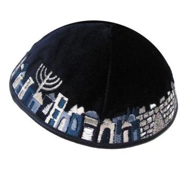 Imagem de Kipa Judaico Veludo Preto - Menorah Jerusalém Bordada