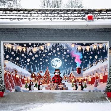 Imagem de Faixa de porta de garagem Feliz Natal 1,8 x 3,5 m, Natal, Papai Noel, boneco de neve, alce, aurora, decorações de Natal 180 x 398 cm, decoração de porta de garagem para festa (12)