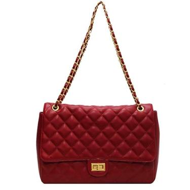 Imagem de Ansseng Bolsa tiracolo grande acolchoada feminina de couro vegano com alça de ombro de corrente de metal, Borgonha, Bolsa de ombro acolchoada