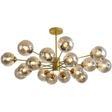 Imagem de Lustre de vidro dourado, lustre de teto com holofote LED, luminária pendente moderna em formato de bola preta e âmbar para sala de estar, sala de jantar, cozinha, quarto, 16 luzes cinza