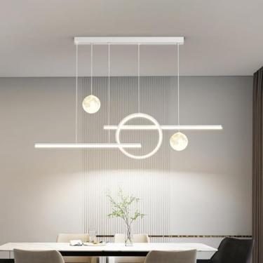 Imagem de Lustre Linear Pendente Luz Moderna Lustre Linear Leite Branco Bola da Lua Controle Remoto Regulável LED Pendente Iluminação para Cozinha Ilha Bar Restaurante, 100W, Branco