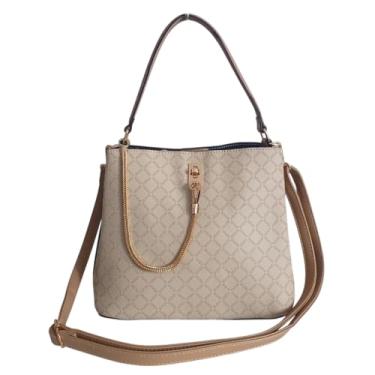 Imagem de Bolsa Feminina Transversal Médio Elegante 3 Repartições Alça de Ombro e Tiracolo Estilo Saco Sacola Casual Trabalho Presente (Caqui)