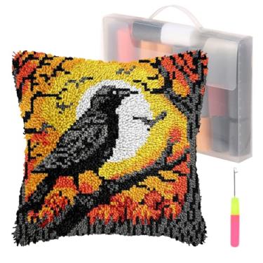 Imagem de Zuxmvot Kit de gancho de trava para adultos, crianças, iniciantes, capa faça você mesmo, fronha impressa, fios de crochê, almofada feita à mão para decoração de sofá de casa (preto e amarelo)