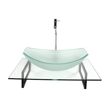 Imagem de KIT CUBA DE VIDRO OVAL CHANFRADA JATEADA COM TAMPO 60CM INCOLOR E SUPORTE PRETO