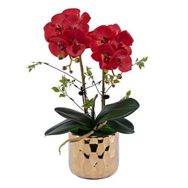Imagem de CNBYDK Flor artificial flores artificiais orquídea Phalaenopsis flores falsas em vaso de cerâmica dourada arranjo floral decoração de mesa de sala de jantar par
