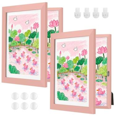Imagem de ABCHIOPQ Pacote com 2 molduras de arte rosa para crianças, 21 x 28 cm com abertura frontal, moldura de arte infantil de madeira mutável, moldura de arte infantil montada na parede ou em pé, comporta