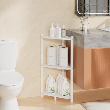 Imagem de Prateleira de canto, prateleiras de canto de chuveiro 100% de bambu verdadeiro, organizador de armazenamento para banheiro, sala de estar, cozinha (branco, 3 camadas)