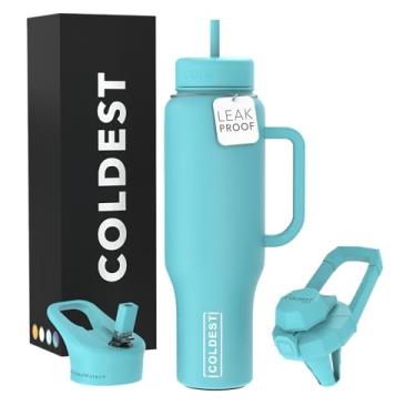 Imagem de Copo Coldest com alça e canudo, copo 100% à prova de derramamento com canudo (3 tampas), copos isolados de aço inoxidável à prova de vazamento para mulheres e homens, suporte de copo, 1,304 g (verde