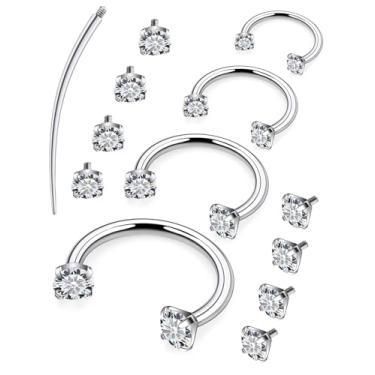 Imagem de Hnxnskt Anel de nariz de ferradura de aço cirúrgico duplo piercing de nariz 16G anéis labiais zircônia cúbica Daith piercing joia para mulheres diâmetro interno 6 mm/8 mm/10 mm/12 mm, Metal, Zircônia