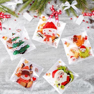 Imagem de 100 unidades de sacos de guloseimas de Natal, celofane autoadesivo para doces, rosquinhas, chocolate e biscoitos, 5 presentes festivos de Papai Noel para lembrancinhas de festas de fim de ano e