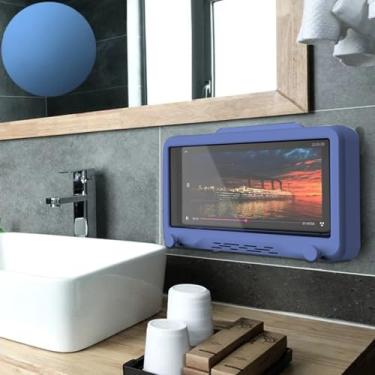 Imagem de Capa de telefone impermeável montada na parede, suporte de chuveiro giratório de 360° com tela sensível ao toque, caixa de janela para banheiro, cozinha, espelho, superfícies lisas de parede (azul)