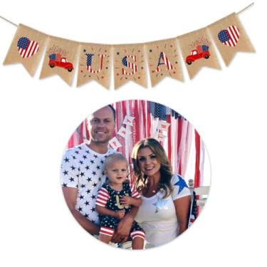 Imagem de Banner suspenso do Dia da Independência Faixa decorativa de festa temática dos EUA com letras Material de linho para celebrações e eventos de julho