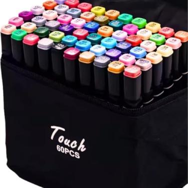 Imagem de Kit 60 Canetas Marcador Permanente Ponta Dupla Coloridas para Desenho Profissional, Escolar e Infantil com Estojo Organizador