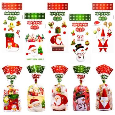 Imagem de JGMGWJ Sacos de guloseimas de celofane de Natal, saco de plástico para doces, sacos transparentes com laços para lembrancinhas de festa de Natal para crianças, 100 peças (mistura de Natal)