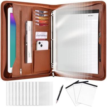 Imagem de Leathario Fichário de portfólio, inclui 10 protetores de folhas e 3 blocos de notas, organizador de pastas de 3 anéis, pasta A4 com zíper, capa para tablet de couro vegano, pranchetas para