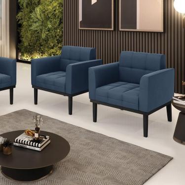 Imagem de Kit 2 Poltronas Decorativas Pés Fixo Em Madeira Preto Suede Azul Marinho