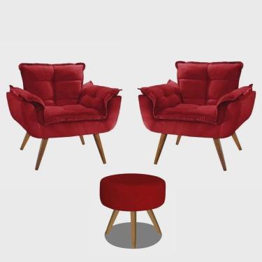 Imagem de Kit 2 Poltronas Opalas Com Puff Redondo Suede Vinho Marsala