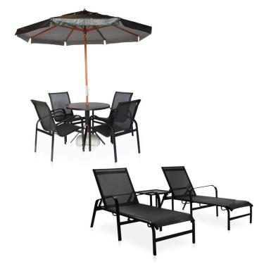 Imagem de Conjunto 1 Mesa + 4 Cadeiras + 2 Espreguiçadeiras + 1 Mesinha De Centro Em Alumínio - Preto