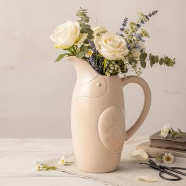 Imagem de hjn Vaso de flores para casa de fazenda - Jarra de cerâmica branca para decoração de sua cozinha/decoração de casa/escritório/sala de estar/estante/cornija/textura de barro