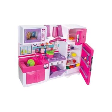 Imagem de Cozinha Infantil de Brinquedo, Rosa e Branca, Plástico, com Fogão, Geladeira, Pia, Micro-ondas, Armário, Acessórios Inclusos, 64x18x83cm, para Crianças a partir de 3 Anos