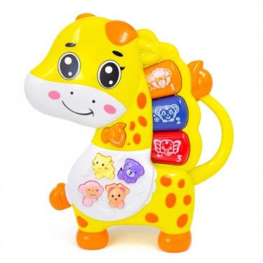 Imagem de Girafa Musical Educativa para Bebês, Piano Infantil com 8 Teclas, Amarelo e Laranja, Plástico, Funciona com Pilha AAA, Som e Luzes, 18+ Meses
