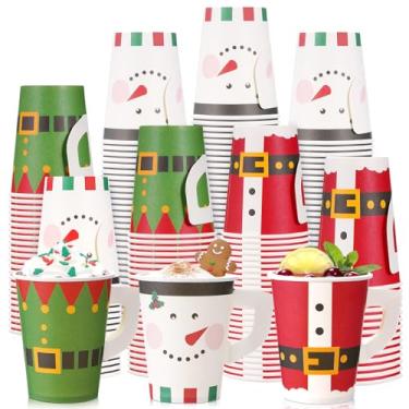 Imagem de Maxcheck 75 peças de copos de papel de Natal descartáveis de 255 g com alças Papai Noel, boneco de neve, elfo, chá, café, acessórios de barra de chocolate quente para adultos, suprimentos de festa de