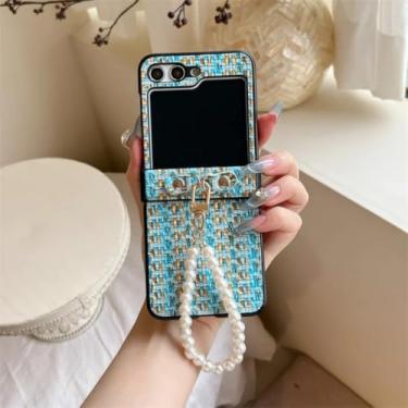 Imagem de Capa para Galaxy Z Flip5 com padrão de trama fashion e dobradiça com corrente de pérolas, capas rígidas fofas (para Galaxy Z Flip5/08)