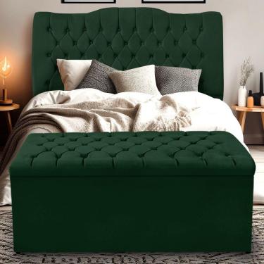 Imagem de Kit Cabeceira E Calçadeira Baú Dunas Casal 140 Cm - Veludo Verde