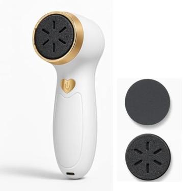 Imagem de Esfoliador Elétrico Portátil para Pés, Recarregável USB, Branco e Dourado, 2 Discos Abrasivos, 14,5 x 5,5 cm, Design Ergonômico, com Compartimento para Resíduos
