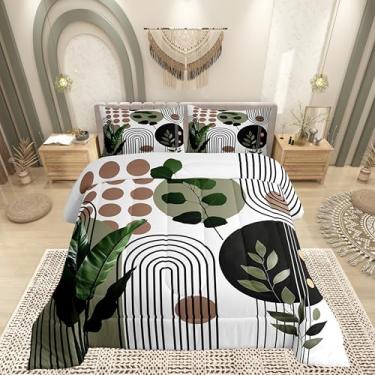 Imagem de Conjunto de edredom moderno de meados do século, para adultos, moderno, boêmio, geométrico, folhas curvadas, 3 peças com 2 fronhas, inserção de edredom de arte abstrata minimalista, tamanho Queen