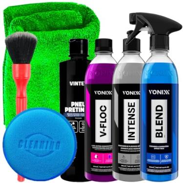 Imagem de Kit Automotivo Detalhamento Brilho Blend Intense Plástico V-Floc Shampoo Pretinho 500ml Vonixx Pincel Karbox